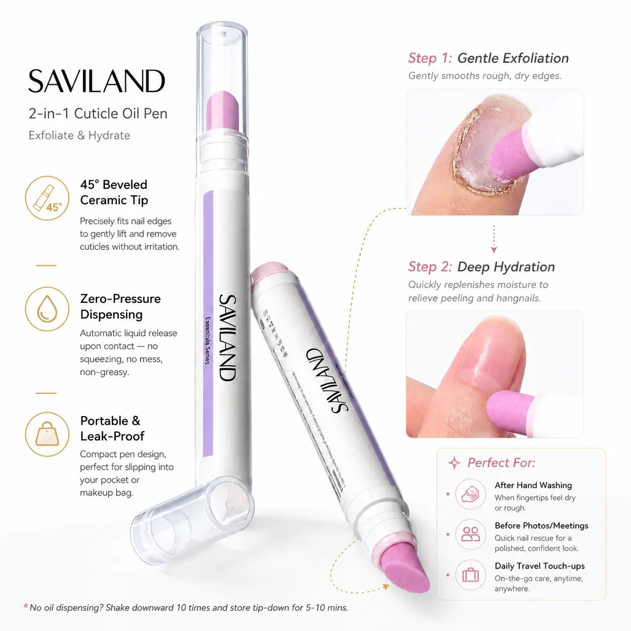 SAVILAND Professional Cuticle Remover Pen Set: Includes 2 Ceramic Cuticle Pushers and 4.5ml Cuticle Oil for Nail Growth and Moisturization of Dry Cuticles, Hangnails, and Damaged Nails
