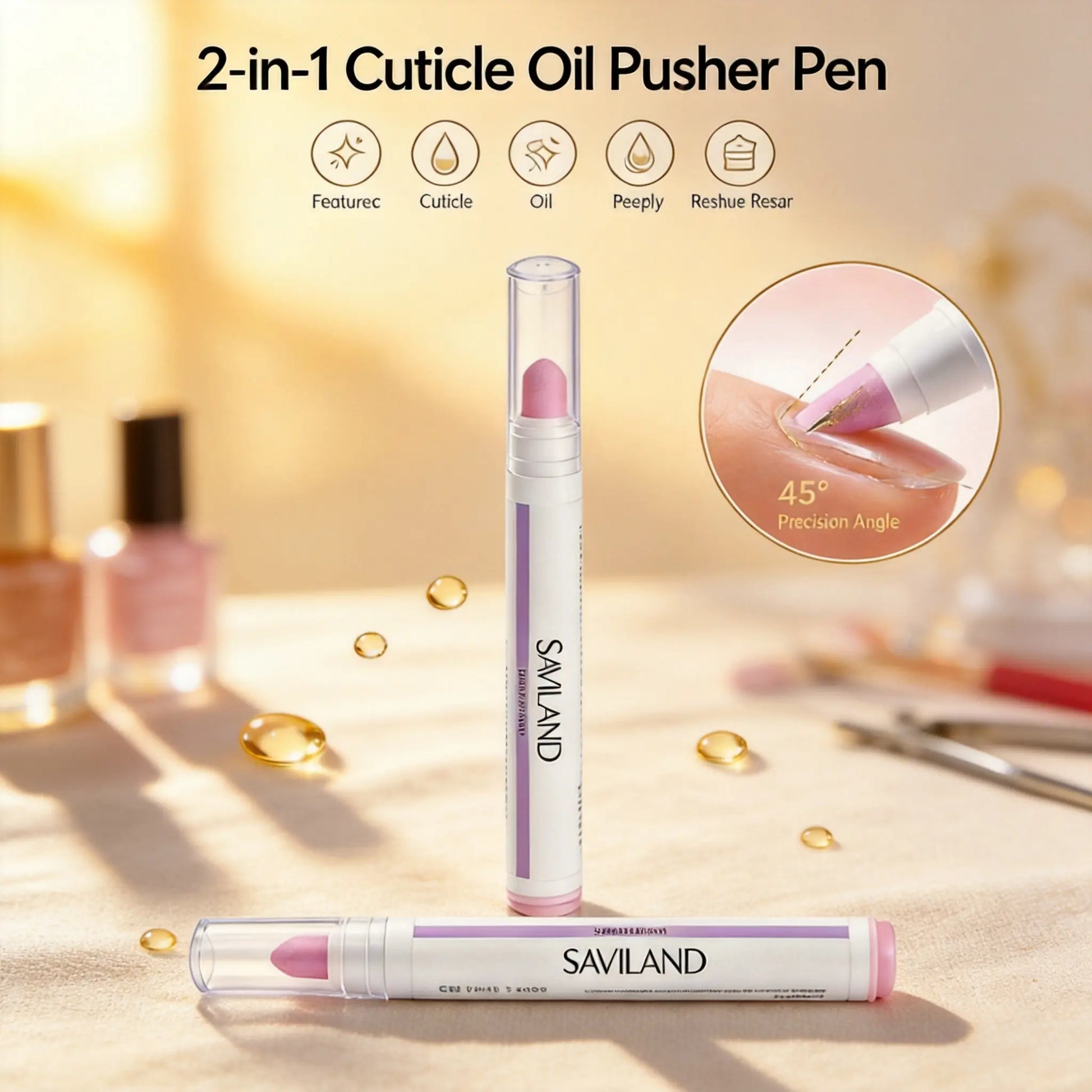 SAVILAND Professional Cuticle Remover Pen Set: Includes 2 Ceramic Cuticle Pushers and 4.5ml Cuticle Oil for Nail Growth and Moisturization of Dry Cuticles, Hangnails, and Damaged Nails