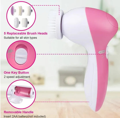 Facial Cleansing Brush Waterproof Face Spin Cleaning Brush with 5 Brush Heads