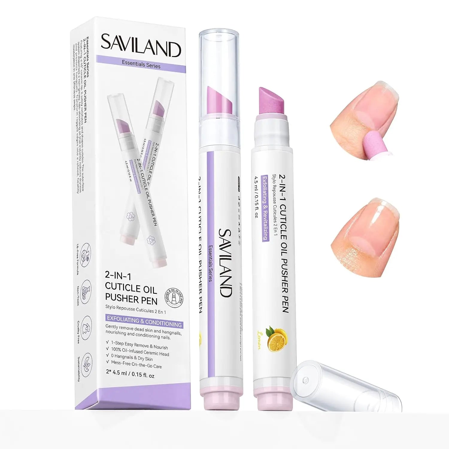SAVILAND Professional Cuticle Remover Pen Set: Includes 2 Ceramic Cuticle Pushers and 4.5ml Cuticle Oil for Nail Growth and Moisturization of Dry Cuticles, Hangnails, and Damaged Nails